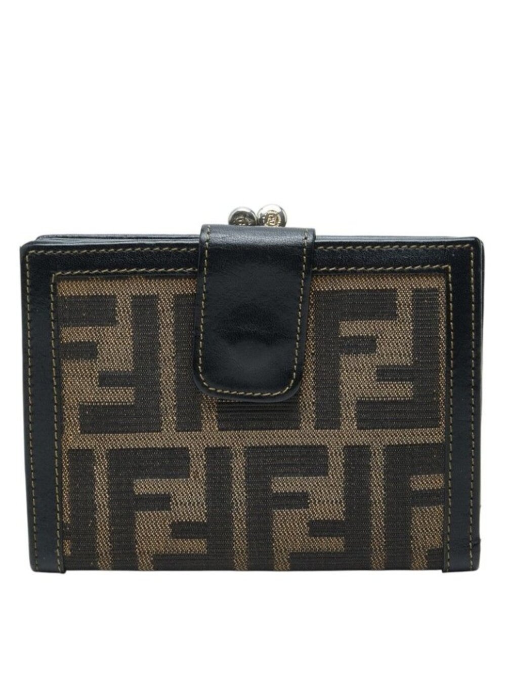 Fendi Zucca Pattern Bifold Wallet Kiss Lock Brown Canvas Leather Jacquard